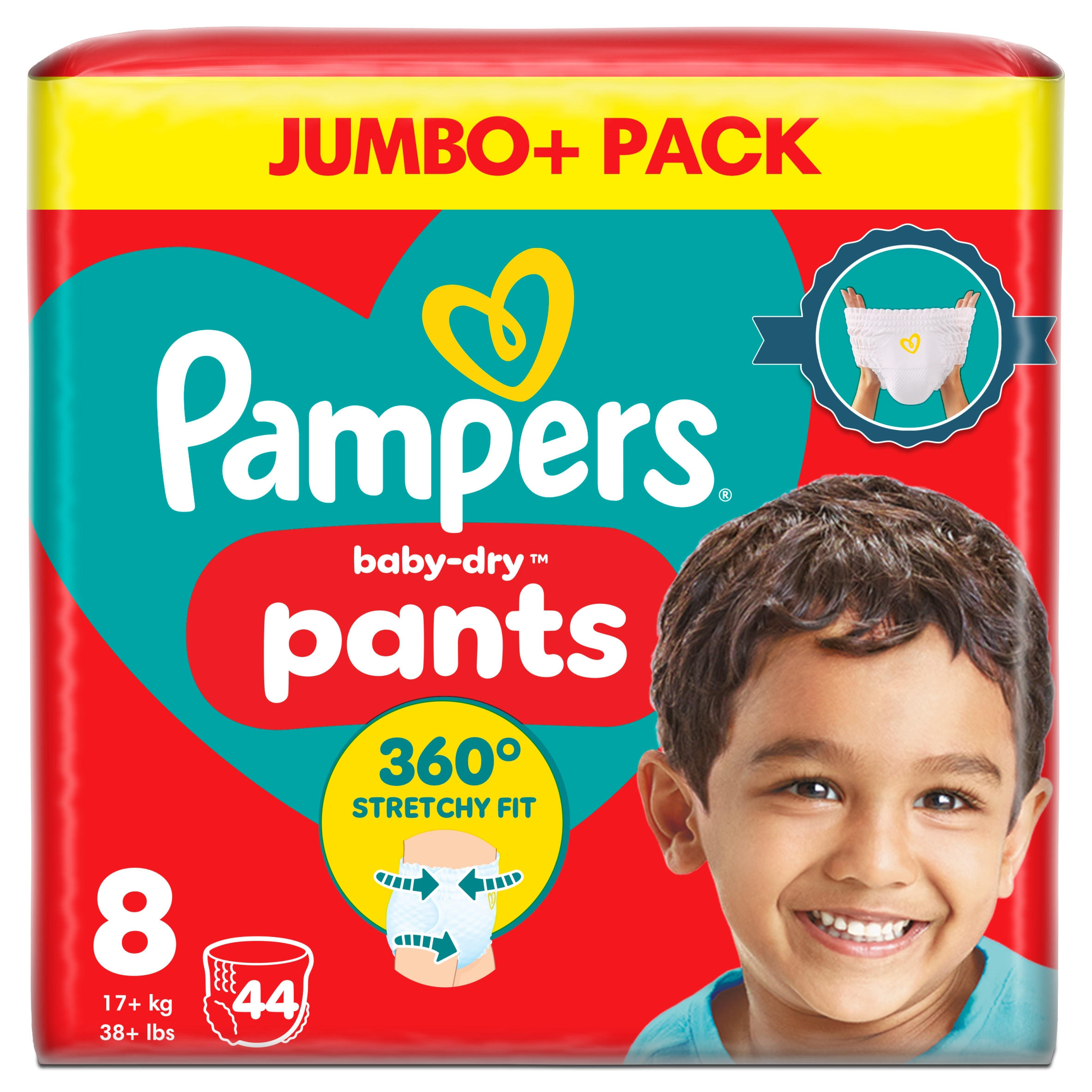 Pampers Baby-Dry Nappy Pants Size 8, 44 Nappies, 17kg+, Jumbo+ Pack