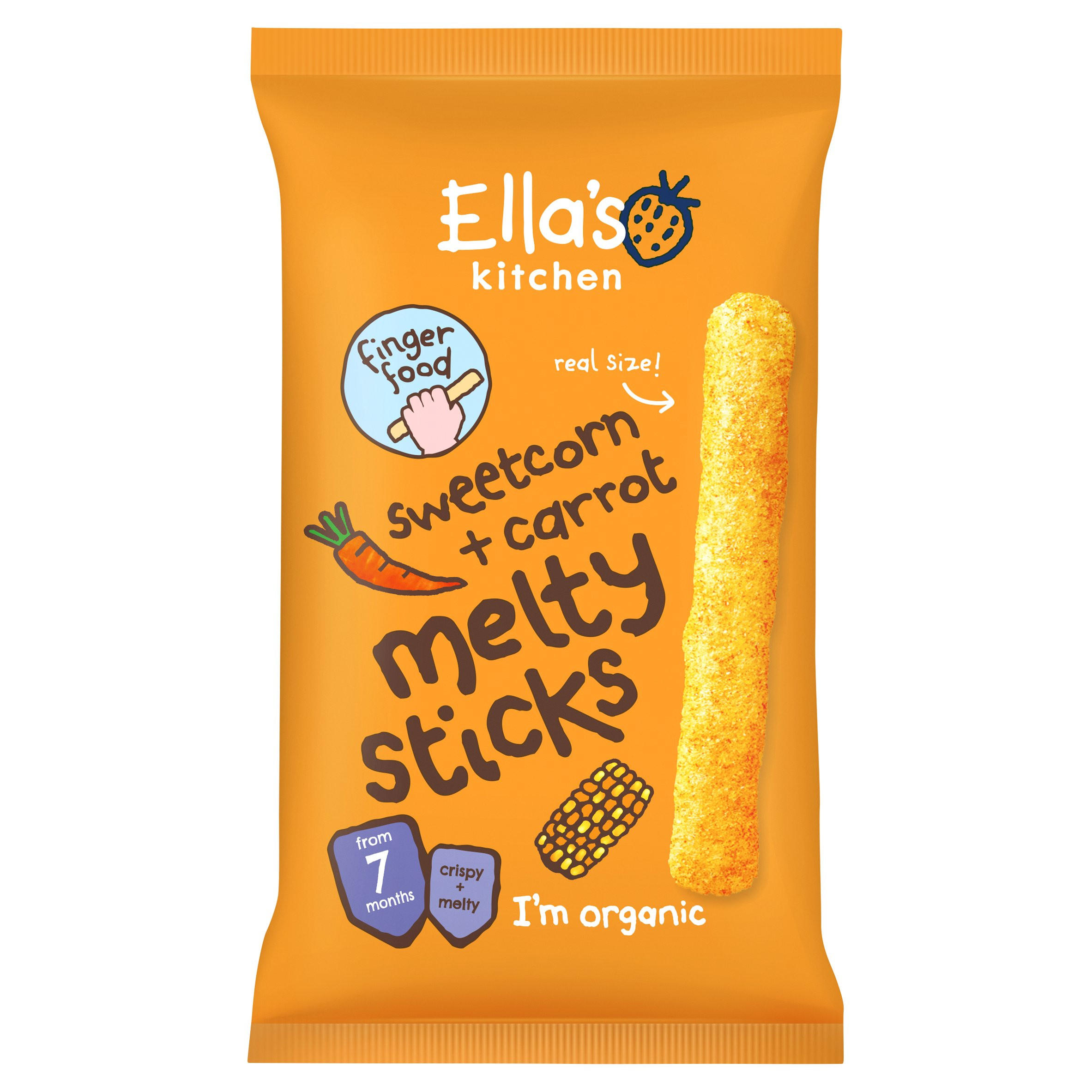 Ella's Kitchen Organic Sweetcorn and Carrot Melty Sticks Baby Snack 7+ Months 16g