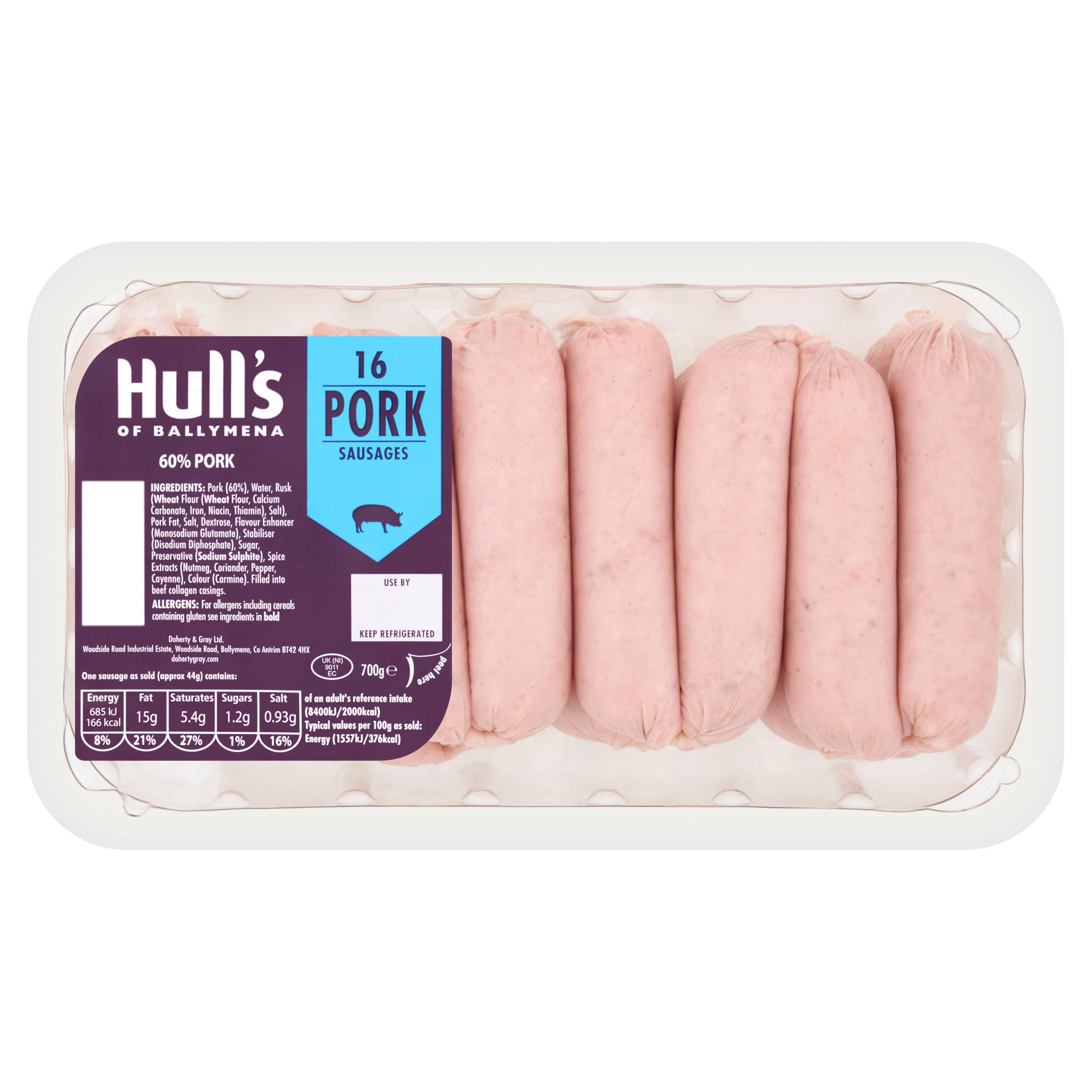 Hull's of Ballymena 16 Pork Sausages 700g