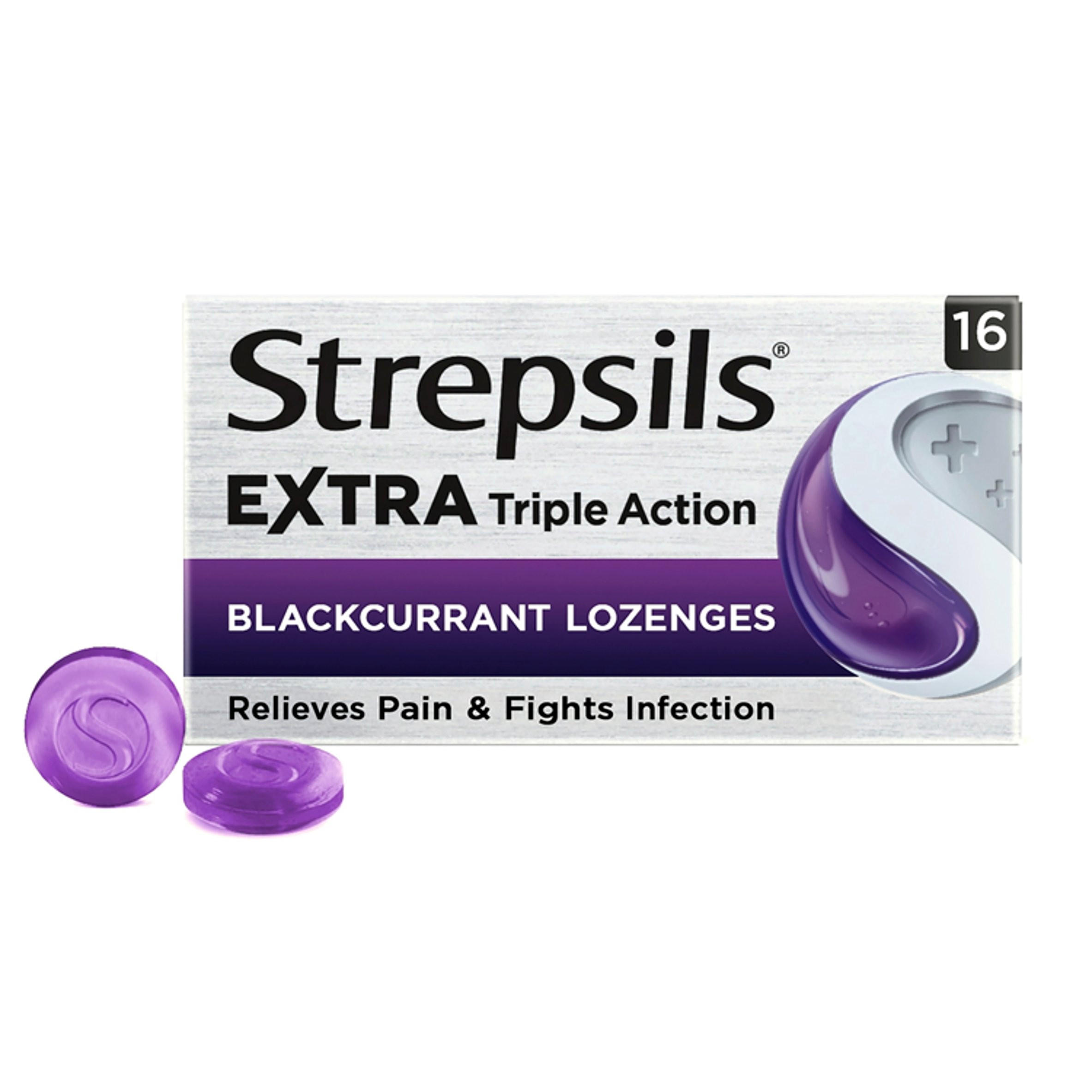 Strepsils Extra Triple Action Blackcurrant Lozenges x 16 for Sore Throat