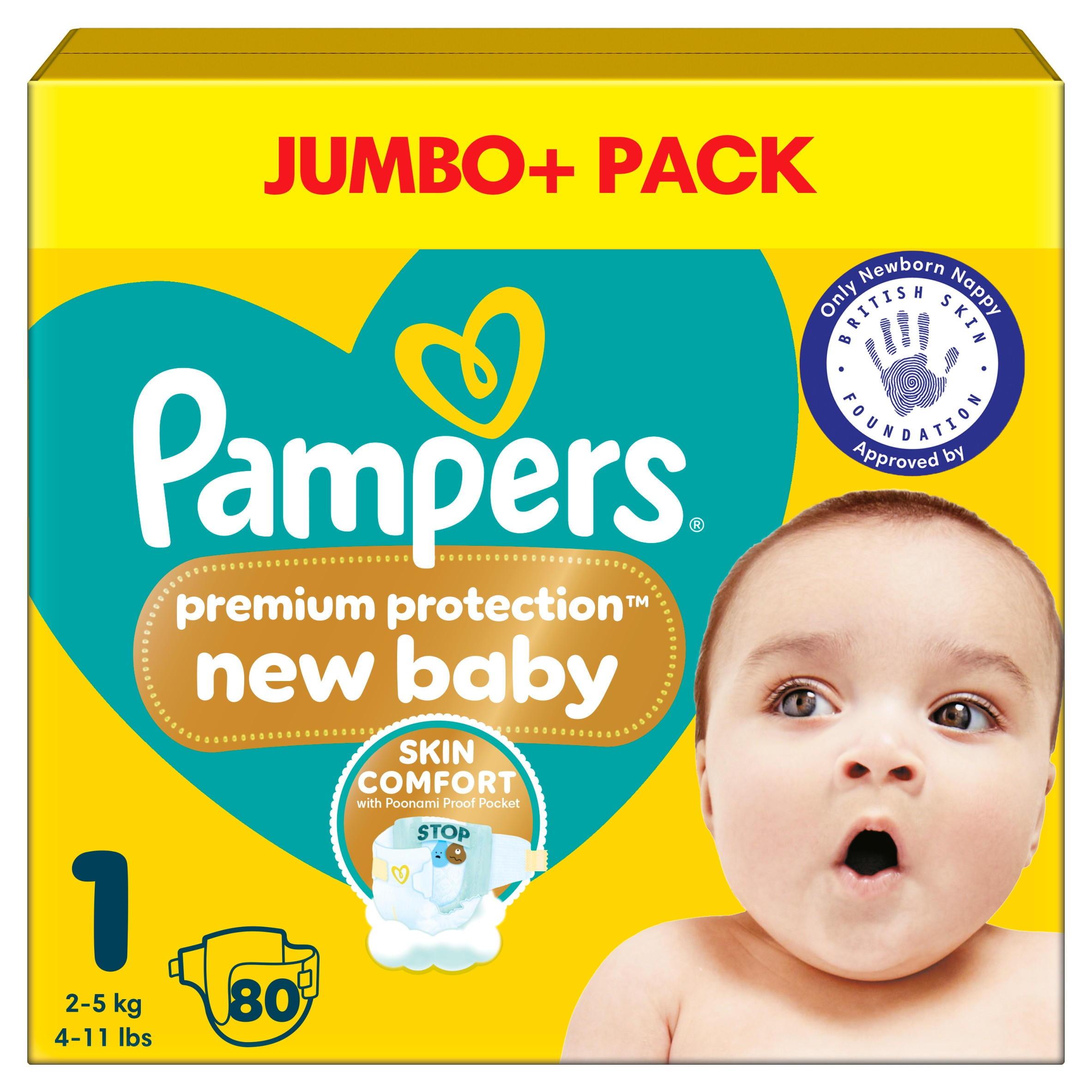 Pampers Premium Protection New Baby Size 1, 80 Nappies, 2kg-5kg, Jumbo+ Pack