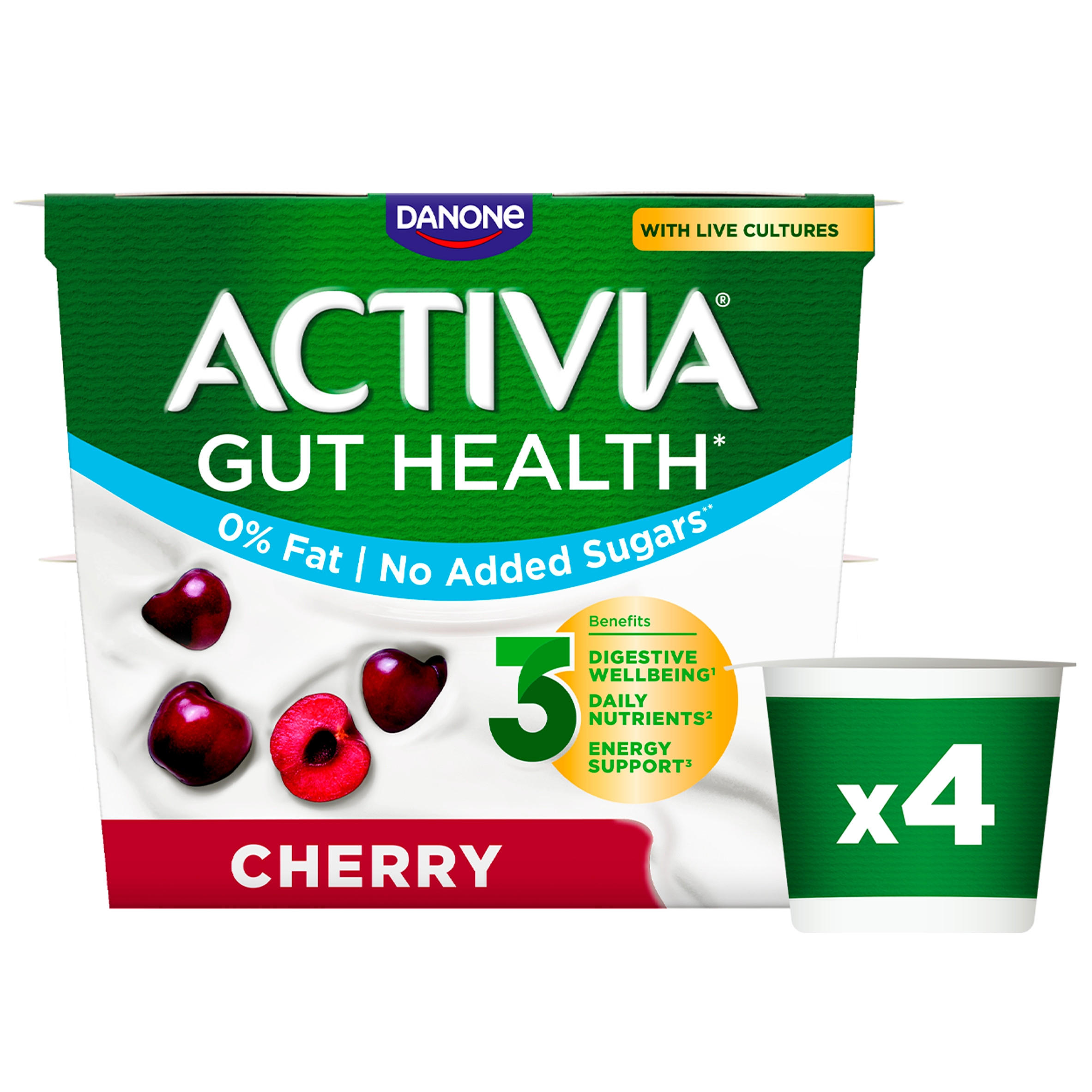 Activia Cherry No Added Sugar Fat Free Gut Health Yoghurt Multipack 4x115g