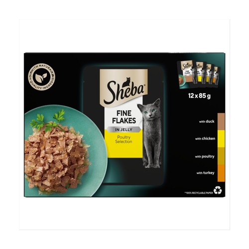 Sheba Fine Flakes Wet Cat Food Pouches Poultry In Jelly 12 x 85g thumbnail 2