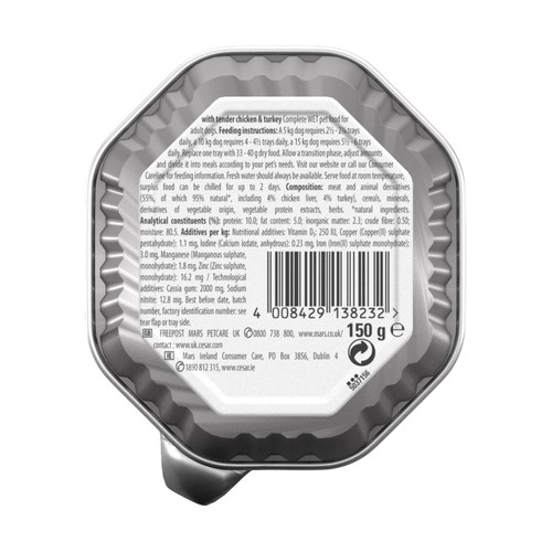 Cesar Classic Terrine Wet Dog Food Tray Chicken & Turkey in Loaf 150g thumbnail 2
