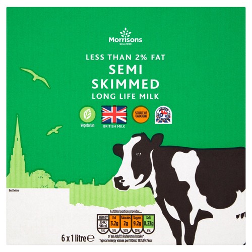 Morrisons Less Than 2% Fat Semi Skimmed Long Life Milk 6 x 1L