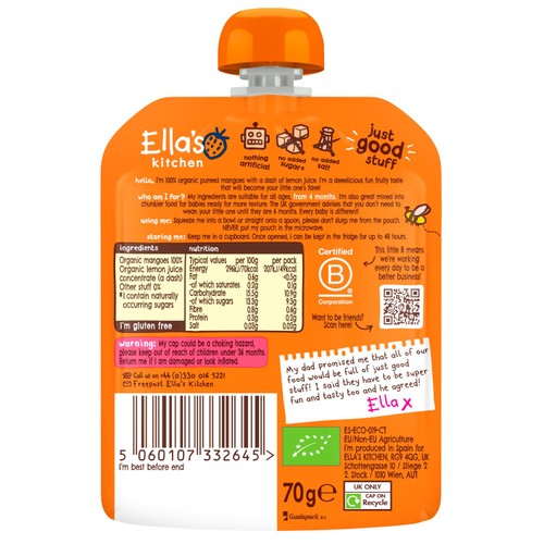 Ella's Kitchen Mangoes Mangoes First Tastes Baby Food Pouch 4+ Months thumbnail 2