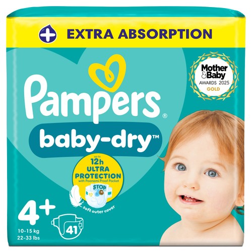 Pampers Baby-Dry Size 4+, 41 Nappies, 10kg-15kg, Essential Pack