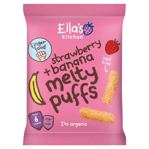 Ella's Kitchen Strawberry and Banana Melty Puffs Baby Snack 6+ Months 