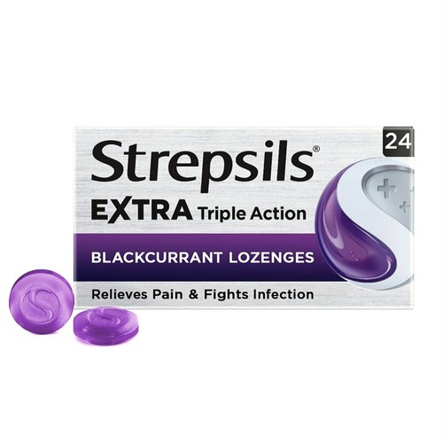 Strepsils Extra Medicated Sore Throat Lozenges Triple Action Blackcurrant 