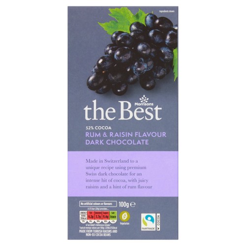 Morrisons The Best 52% Cocoa Rum & Raisin Flavour Dark Chocolate 100g