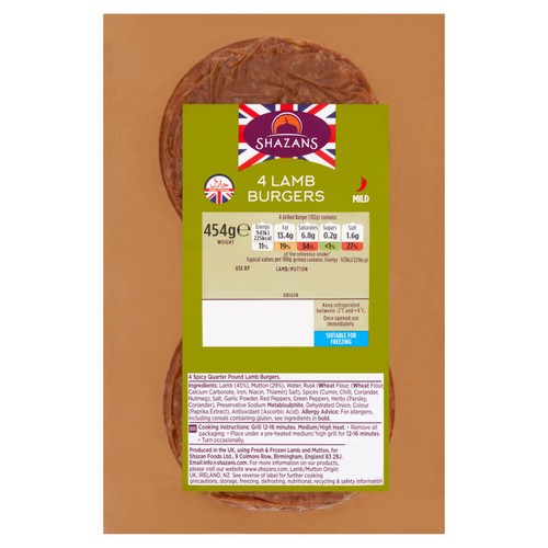 Shazans 4 Halal Lamb Burgers 454g