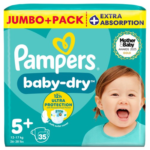 Pampers Baby-Dry Size 5+, 35 Nappies, 12kg-17kg, Essential Pack