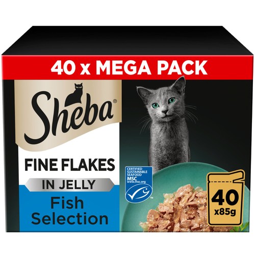 Sheba Fine Flakes Wet Cat Food Pouches Fish In Jelly Mega Pack 40 x 85g