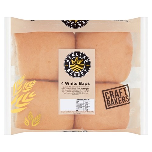 Henllan Bakery White Baps   4 Pack