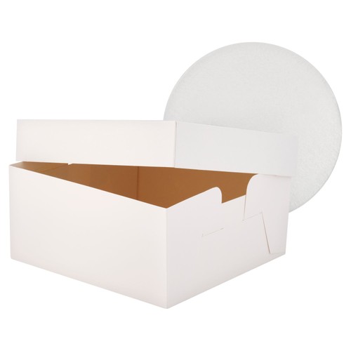 Morrisons round 10" cake drum, 12mm thick. With a white square 12" box