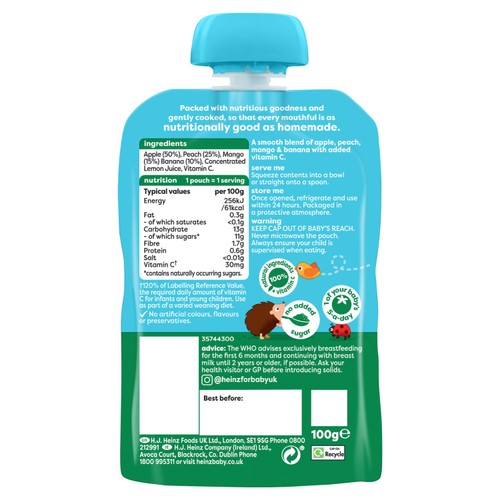 Heinz Peach, Mango, Banana & Apple Baby Food Fruit Puree Pouch 6+ Months thumbnail 2