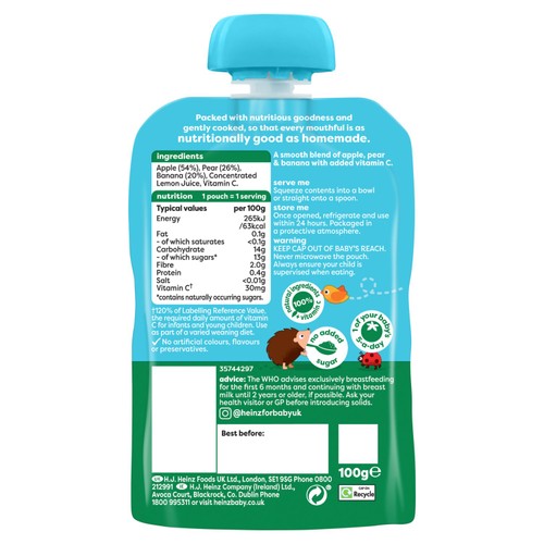 Heinz Apple Pear & Banana Fruit Puree Baby Food Pouch 6+ Months thumbnail 2