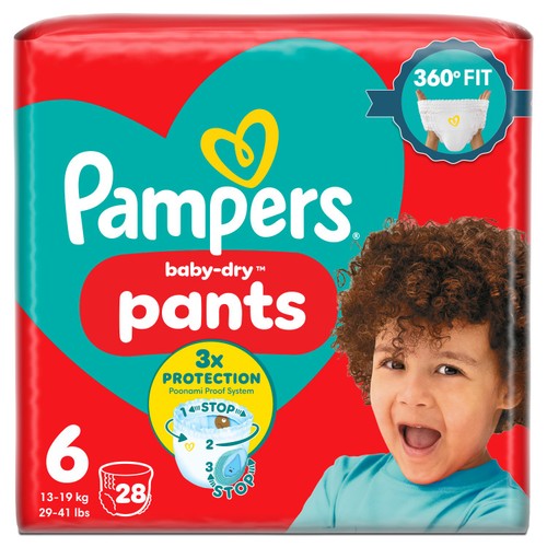 Pampers Baby-Dry Nappy Pants Size 6, 28 Nappies, 14kg - 19kg Essential Pack
