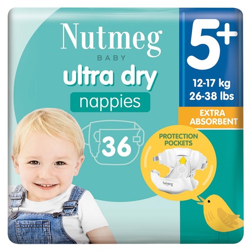 Nutmeg Ultra Dry Nappies Size 5+ x 36 Pack