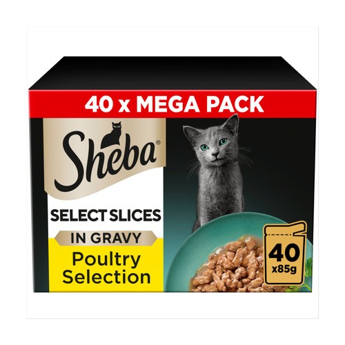 Sheba Select Slices Wet Cat Food Pouches Poultry In Gravy Mega Pack 40x85g