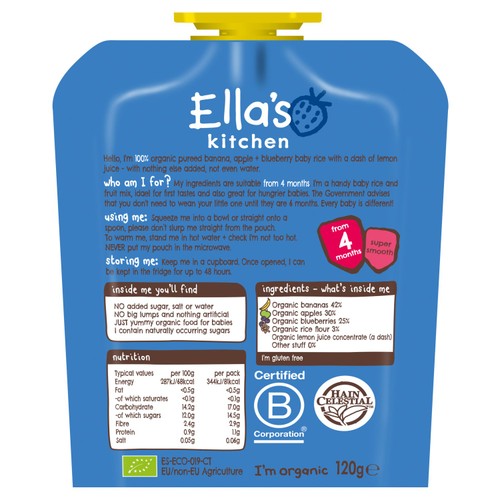 Ella's Kitchen Bananas and Blueberries Baby Rice Baby Food Pouch 4+ Months thumbnail 2