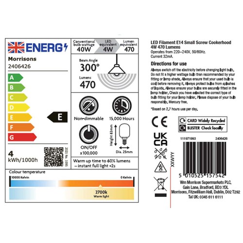 Morrisons Cookerhood Bulb E14 470 Lumens 4W  thumbnail 2