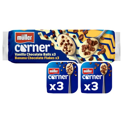 Muller Corner Vanilla Chocolate Balls and Banana Chocolate Flakes Yogurts