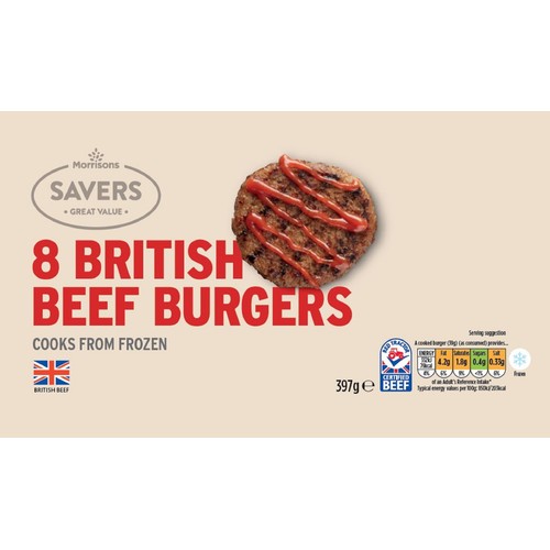 Morrisons Savers 8 British Beef Burgers 397g