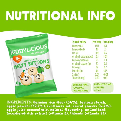 Kiddylicious Apple & Carrot Melty Buttons Baby Snacks thumbnail 3