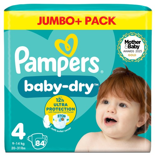 Pampers Baby-Dry Size 4, 84 Nappies, 9kg-14kg, Jumbo+ Pack