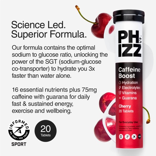 Phizz Cherry Caffeine 3in1 Hydration Electrolytes Vitamins Effervescent 20s thumbnail 2