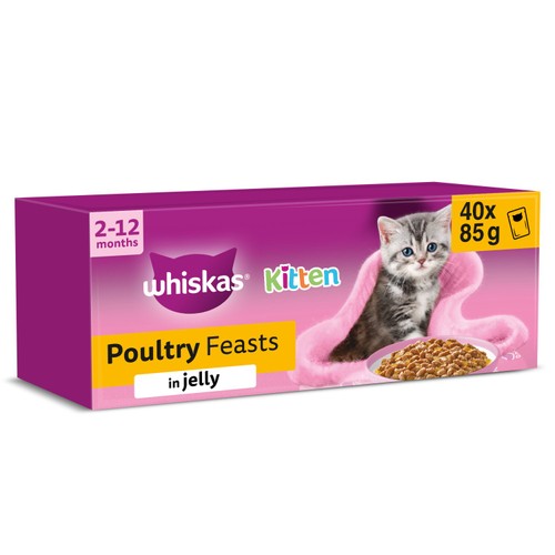 Whiskas 2-12 Months Wet Cat Food Pouches Poultry Feasts In Jelly 40 x 85g