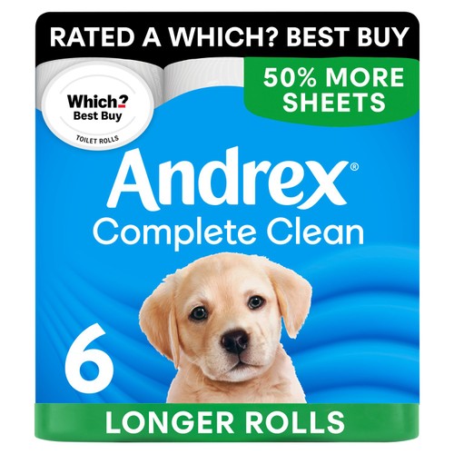 Andrex Complete Clean Toilet Tissue 50% More Sheets 6 Rolls