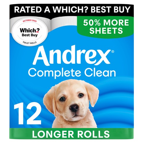 Andrex Complete Clean Toilet Tissue 12 Mega Rolls 50% More Sheets