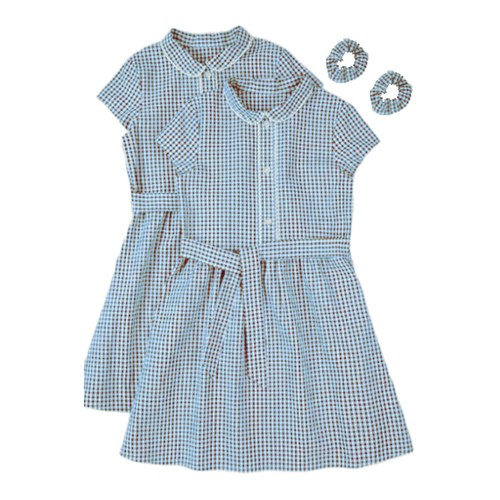 Nutmeg Age 6-7 Years Girls Traditional Gingham Blue Dress and Scrunchie