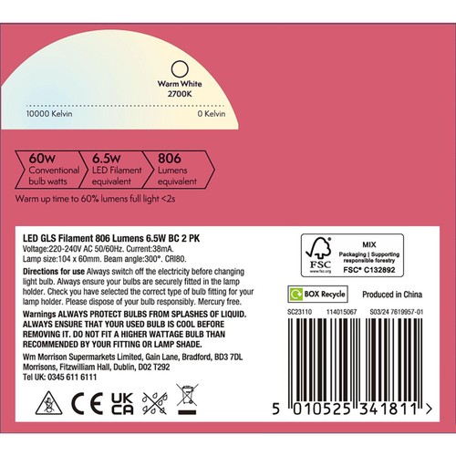 Morrisons LED GLS Filament 806 Lumens 6.5W BC  thumbnail 2