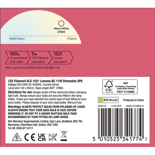 Morrisons LED Filament GLS 1521 Lumens BC 11W Dimmable  thumbnail 2