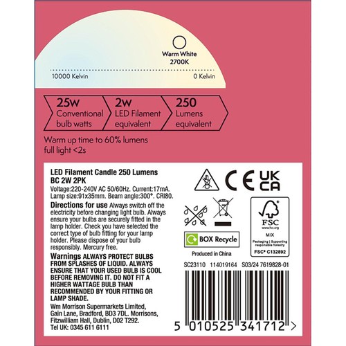 Morrisons LED Filament Candle 250 Lumens Bc 2w  thumbnail 2
