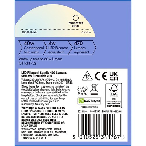 Morrisons LED Filament Candle 470 Lumens Sbc 4W Dimmable  thumbnail 2