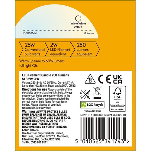 Morrisons LED Filament Candle 250 Lumens Ses 2W  thumbnail 2