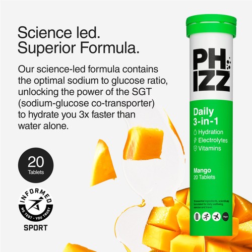 Phizz Mango 3-In-1 Hydration 20 Effervescent Tablets thumbnail 6