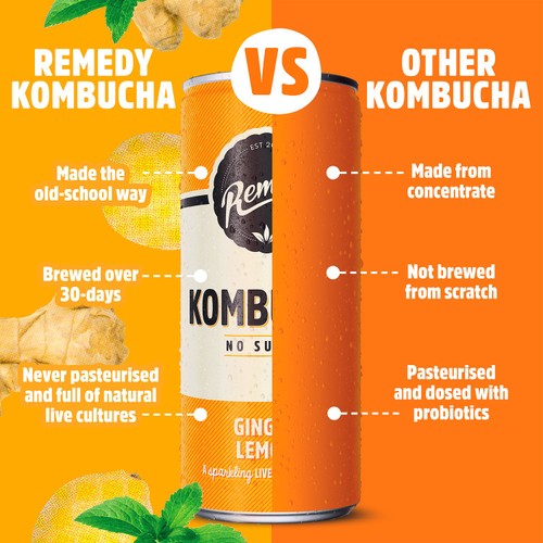 Remedy Ginger Lemon Kombucha Cans   4 x 330ml thumbnail 2
