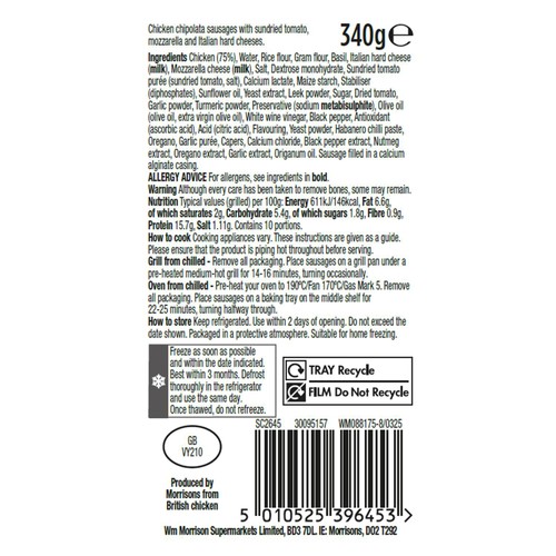 Morrisons The Best 10 Tomato & Mozzarella Chicken Chipolata Sausages 340g thumbnail 2