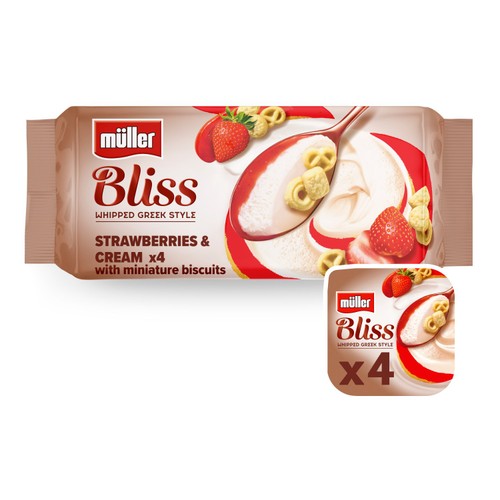 Muller Bliss Whipped Greek Yogurt with Strawberries,Cream & Biscuits 4x100g