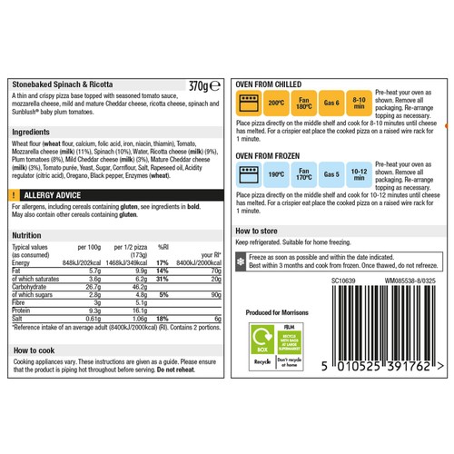 Morrisons Stonebaked Spinach & Ricotta Pizza 370g thumbnail 2