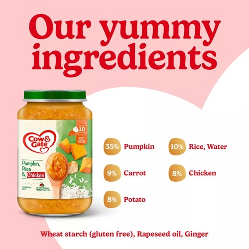 Cow & Gate Pumpkin Chicken & Rice Baby Food Meal Jar 8+ Months 200g thumbnail 3