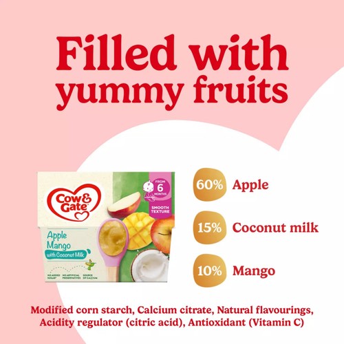 Cow & Gate Apple, Mango with Coconut Milk Baby Food Pot 6+ Months 4x95g thumbnail 2