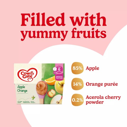 Cow & Gate Apple Orange & Acerola Baby Food Fruit Pot 6+ Months 4x100g thumbnail 2