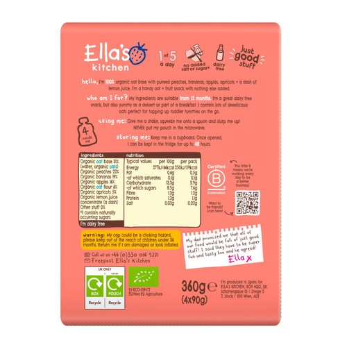 Ella's Kitchen Organic Peach & Banana Oaty Smooshy 12+ Months 4 Pack thumbnail 4
