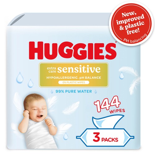 Huggies Pure Extra Care Sensitive Plastic Free Baby Wipes 3 x 48 Pack thumbnail 2